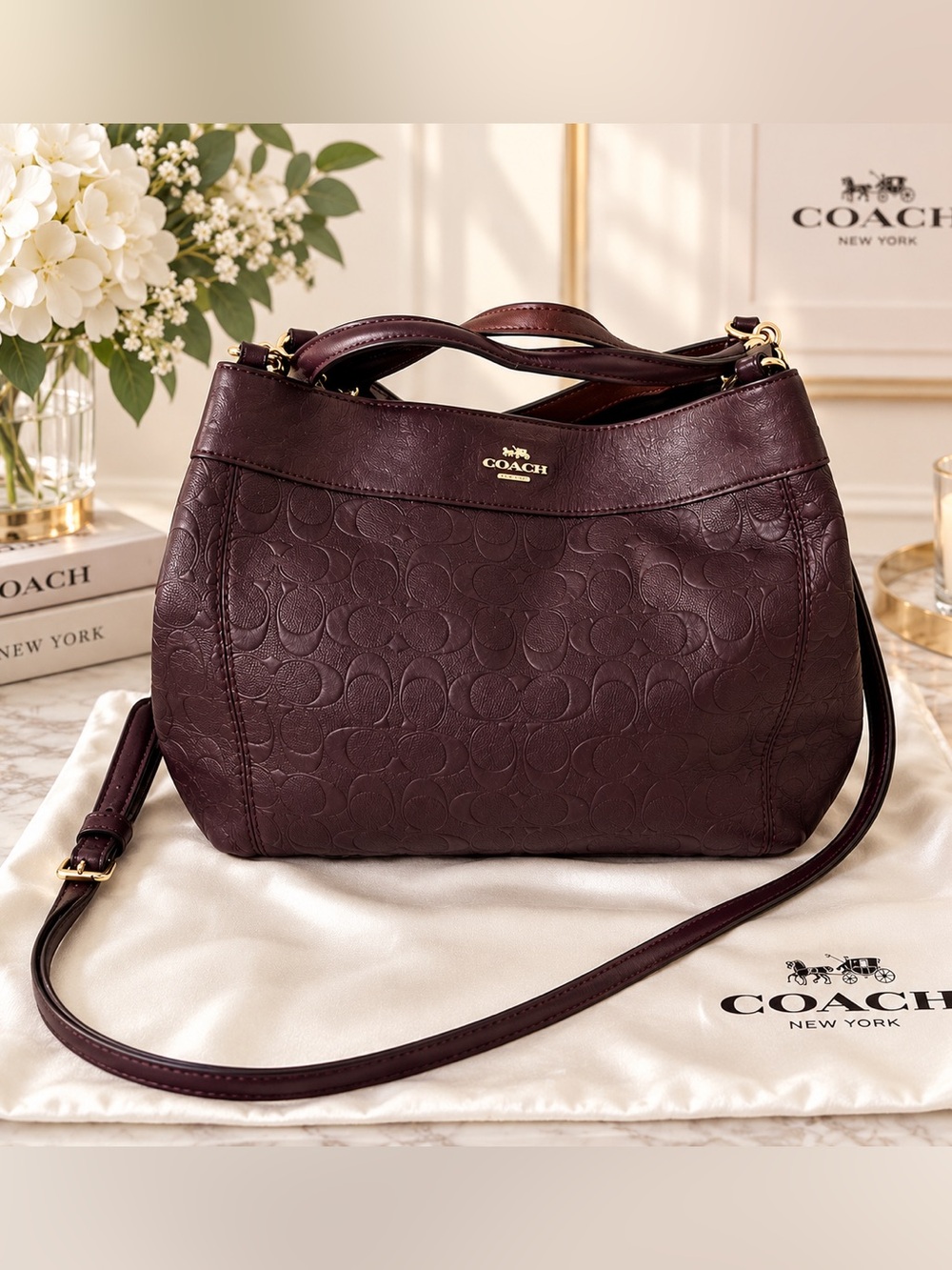 Coach Burgundy Signature Embossed Leather Shoulder Bag / Crossbody + Satin Dust